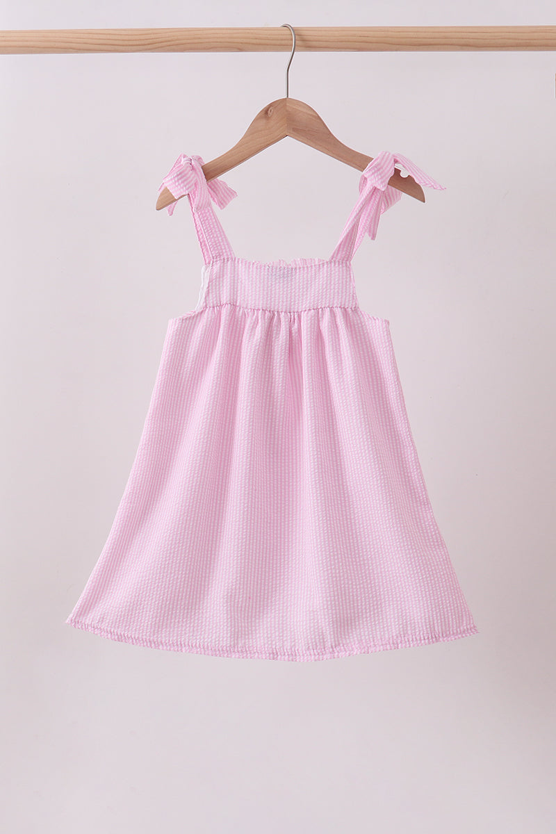 Pink stripe seersucker strawberry smocked dress