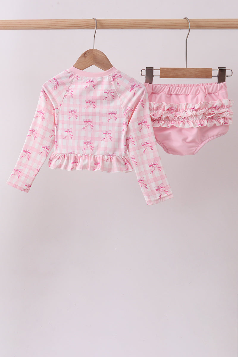 Pink bow print ruffle zipper 2pc swimsuit