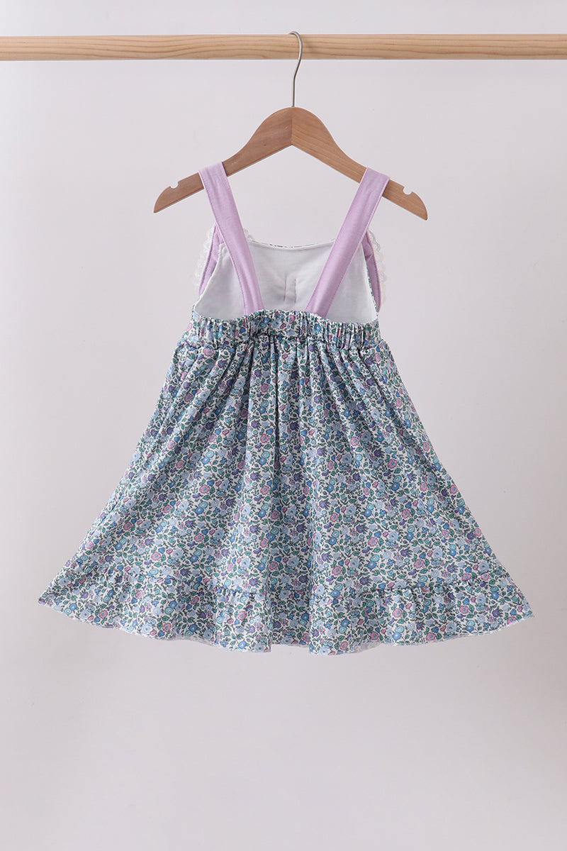 Purple floral print bow ruffle dress