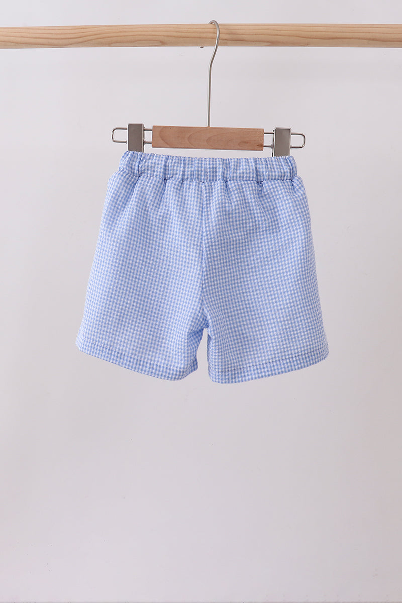 Blue flag embroidery gingham shorts