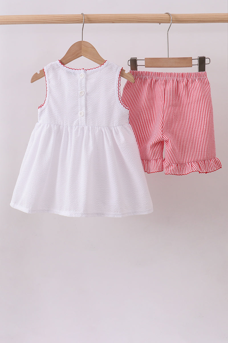 Pink flag smocked ruffle shorts set