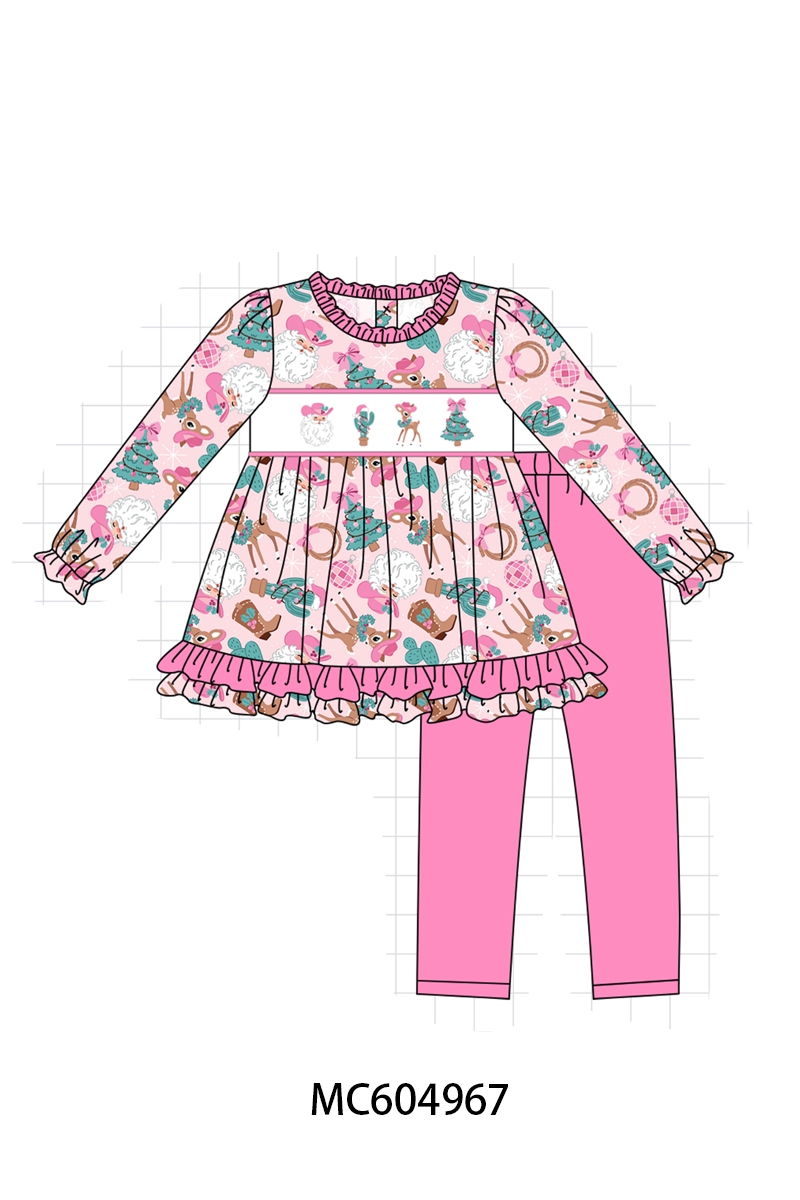 Pink Cowboy Santa Embroidery Ruffle Pants Set