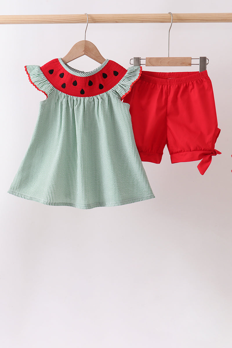 Green Watermelon Stripe Smocked Embroidered Seersucker Set