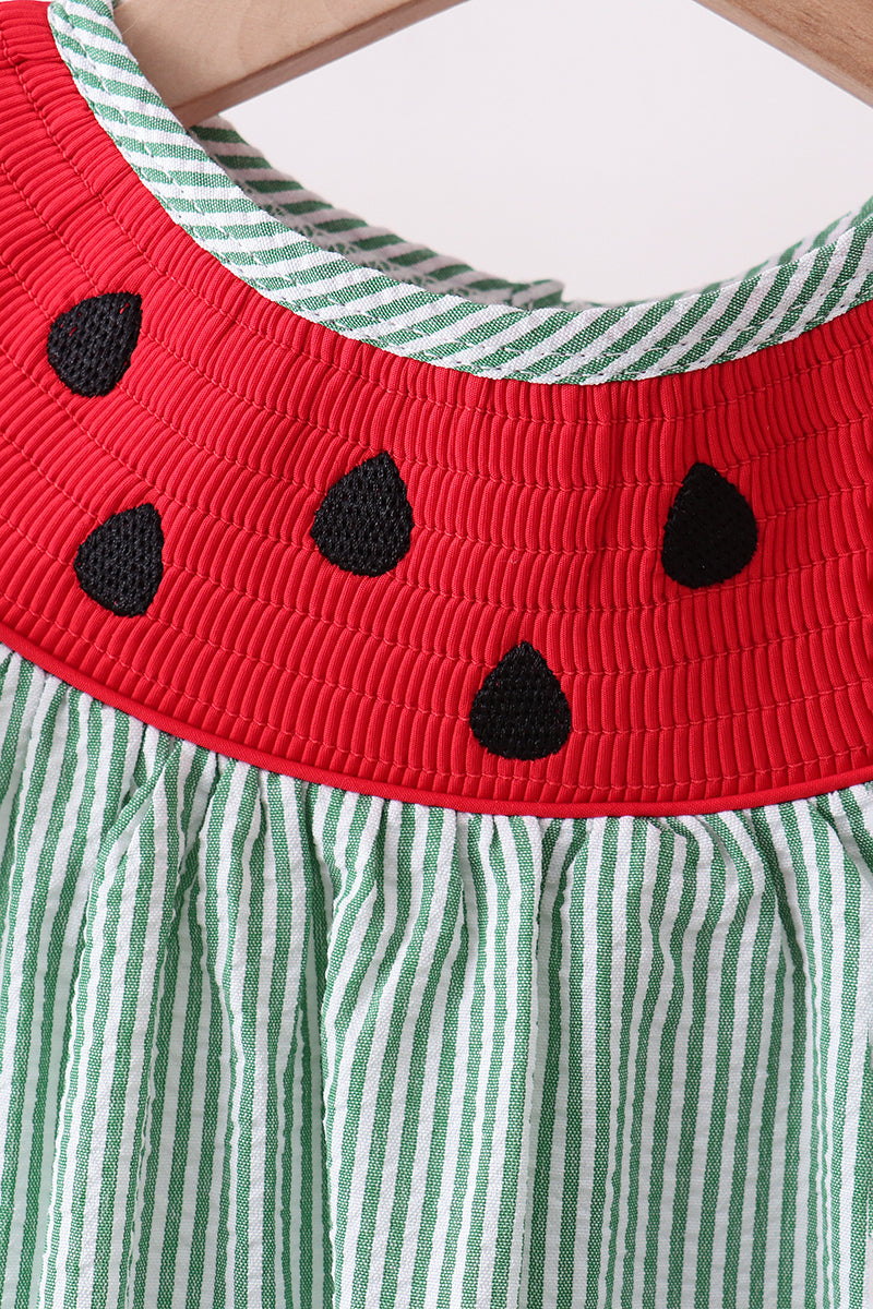 Green Watermelon Stripe Smocked Embroidered Seersucker Set