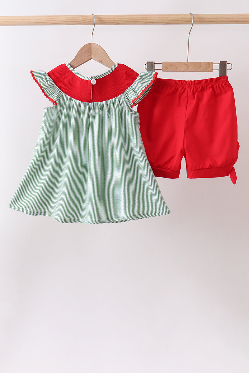 Green Watermelon Stripe Smocked Embroidered Seersucker Set
