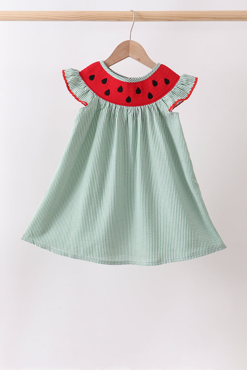 Green Watermelon Stripe Smocked Embroidered Seersucker Dress