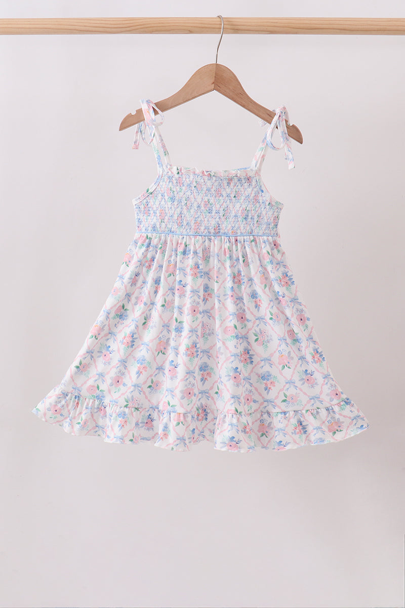 Blue Floral Smocked Ruffle Dress