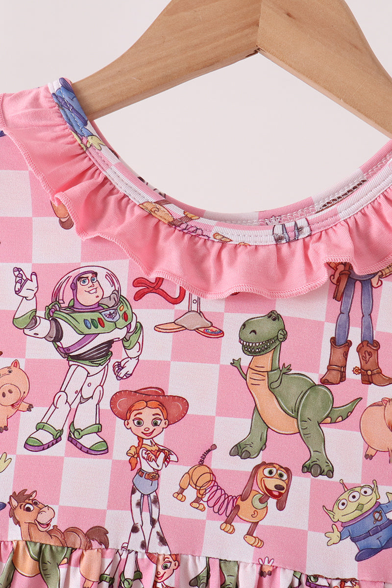 Pink character checkered bamboo ruffle dress